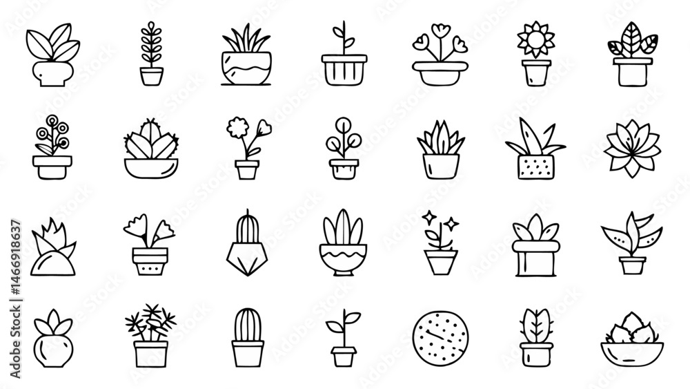 Indoor foliage vector icon set in line style featuring decorative houseplants for eco lifestyle blogs green home products wellness infographics and digital print projects Indoor foliage vector icon set in line style featuring decorative houseplants for eco lifestyle blogs green home products wellness infographics and digital print projects