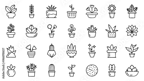 Indoor foliage vector icon set in line style featuring decorative houseplants for eco lifestyle blogs green home products wellness infographics and digital print projects