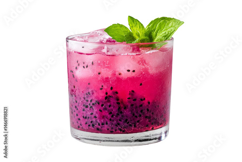A vibrant pink dragon fruit cocktail garnished with mint leaves and ice cubes in a clear glass. Png, Transparent background.