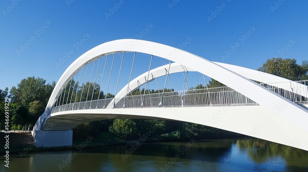 Obraz premium Close side view of a white bridge, its arched design forming perfect curves on both sides, illuminated by natural daylight under a clear blue sky. 