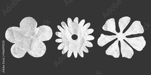 Wildflower flat silhouettes with crumpled paper texture on dark background. Stickers set with jagged torn edges from notebook, gritty dotted texture, halftone design.