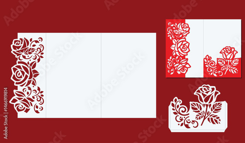 Folded greeting card template with cut out roses. 