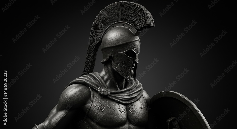 Obraz premium Spartan Warrior Sculpture: Ancient Greek Helmet and Armor - Powerful Spartan warrior statue, detailed armor, helmet, shield. Symbolizing strength, courage, military history, ancient Greece