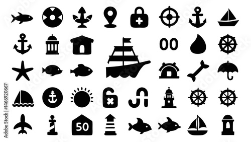 Maritime and Nautical Icon Set Featuring Vector Glyphs and Pictograms for Sea and Ocean Activities