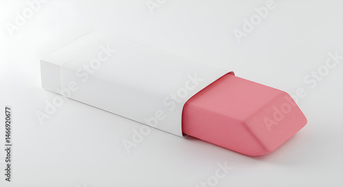 Rectangular plastic eraser with paper sleeve, centered on white surface