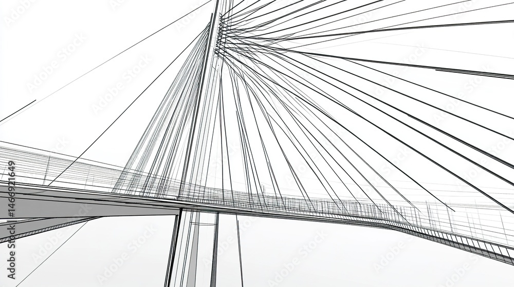 Obraz premium High-precision technical drawing of a cable-stayed bridge, illustrating steel pylons, tensioned cables, and deck structure in a clean, black-and-white schematic 