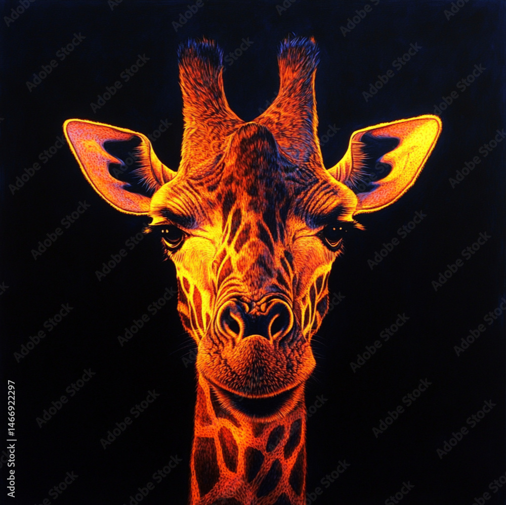 portrait of a giraffe with colored accent lighting