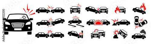 car crash, accident or hit icons set. car accident traffic signs. injury, drunk, death, safety, road accident, damage,  etc concept. warning road sign for vehicles