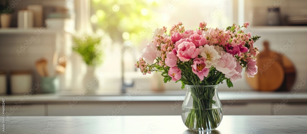 Fototapeta premium Pretty Pink Bouquet in a Kitchen