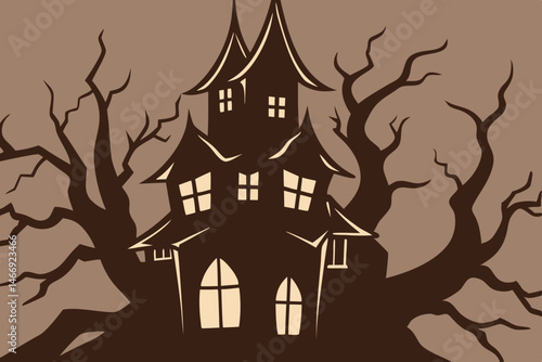 Mysterious haunted house silhouette dark spooky tree branches Halloween vector illustration gothic