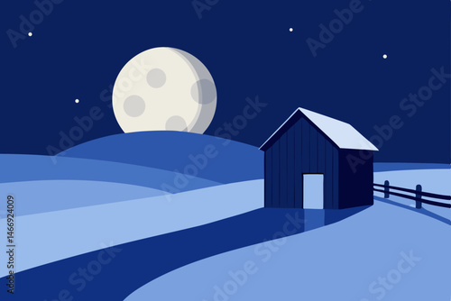 moon rising over an old wooden barn in a frost 