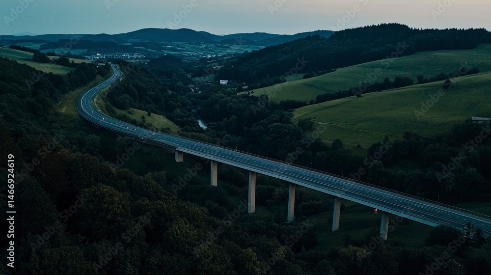 Overhead dusk capture of a motorway bridge spanning a green valley, surrounded by hills and forests, glowing softly in twilight's fading light. Overhead dusk capture of a motorway bridge spanning a green valley, surrounded by hills and forests, glowing softly in twilight's fading light.