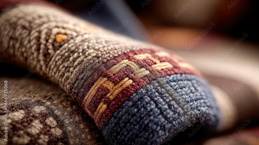Fototapeta premium Fijian Mat Inspired Textiles, earthy tones and square motifs weave together in a traditional design, enhanced by a textured natural fiber finish for a rich tactile experience