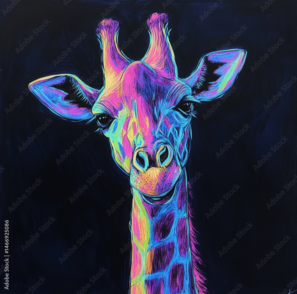 portrait of a giraffe with colored accent lighting