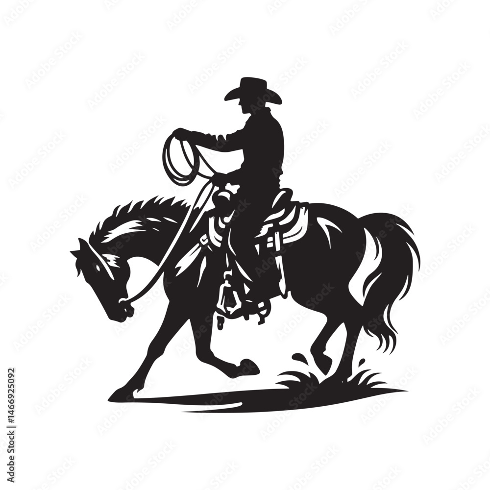 Fototapeta premium Saddle-Up Cowboy Vector Silhouette, Western Rider, Cowboy Action, Rodeo Spirit, Wild West, Western Heritage, Cowboy Adventure, Equestrian Skills. 