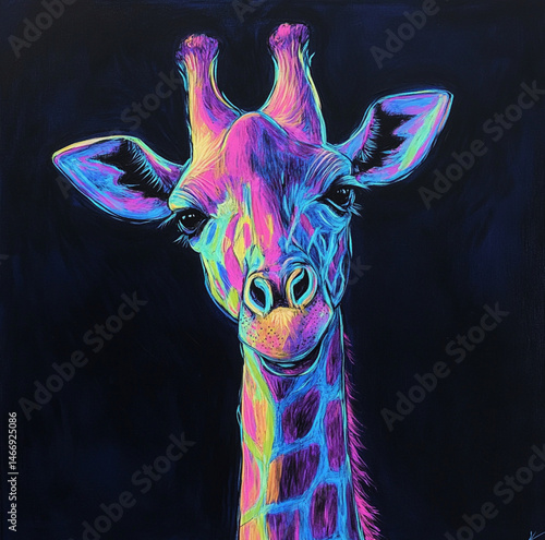 portrait of a giraffe with colored accent lighting