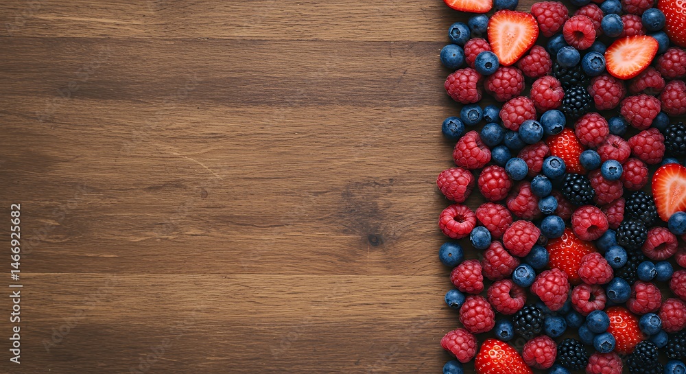 Mixed Berries Arrangement on Wooden Surface with Empty Space Background