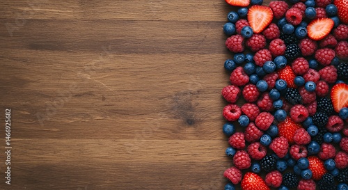 Obraz na płótnie Mixed Berries Arrangement on Wooden Surface with Empty Space Background w salonie