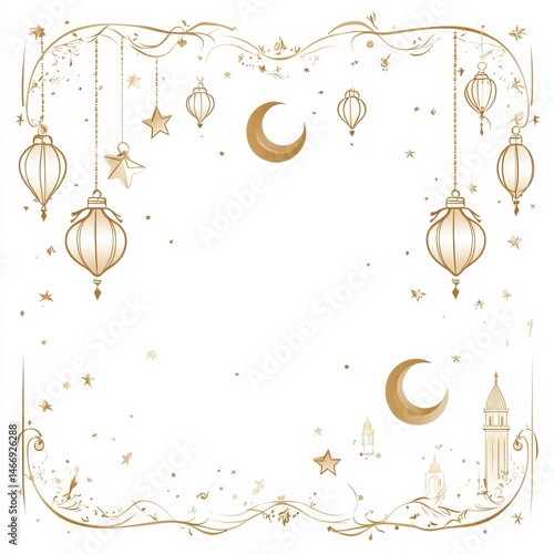 Golden Ramadan Frame with Crescent Moon Lanterns and Mosque Silhouettes Islamic Style Ornate Border with Stars Religious Decoration Greeting Card Design on White