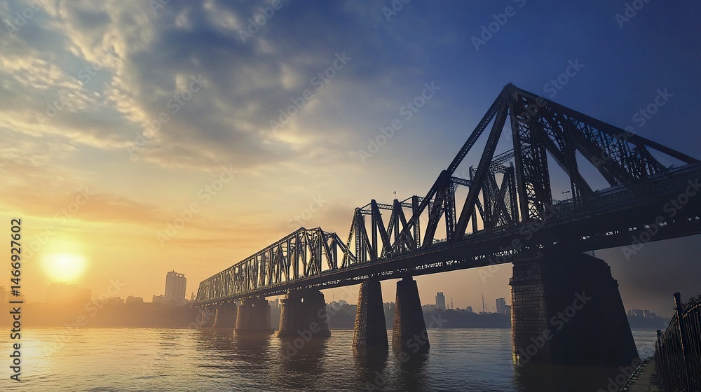 Fototapeta premium Sunset over Howrah Bridge in Kolkata, the iconic structure highlighted by golden hues, framed by a calm, expansive blue sky. Majestic and warm.