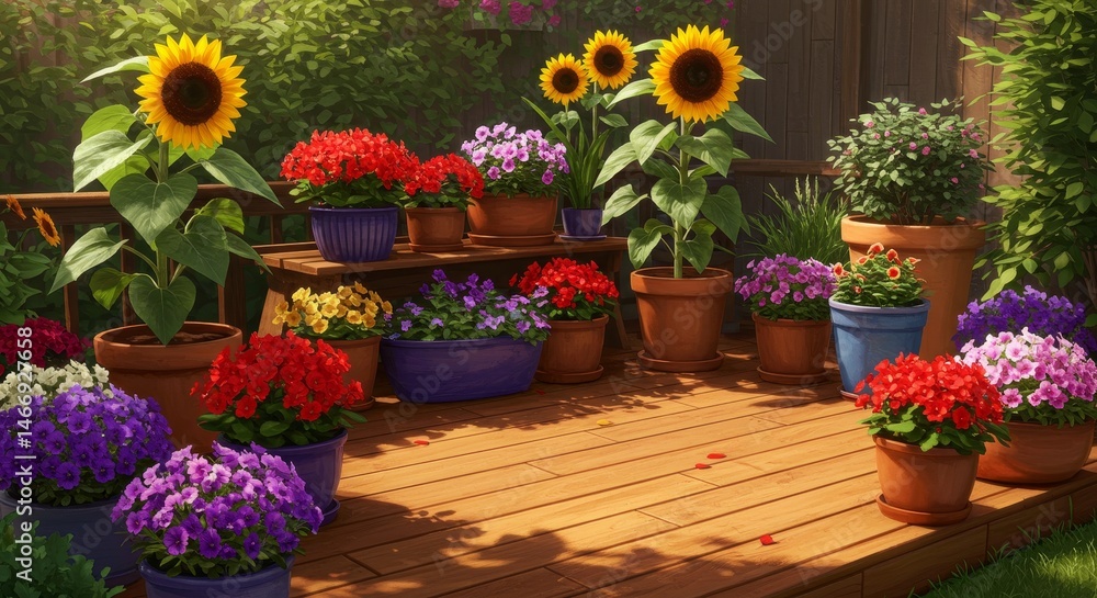 Fototapeta premium Vibrant Summer Garden Display - A colorful array of potted flowers and sunflowers adorns a wooden deck, creating a cheerful summer garden scene