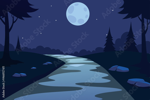 moonlight shimmering on wet stone paths through 