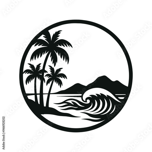 Stylish black and white beach scene in a circle