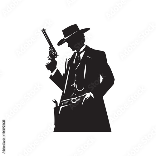 Saloon Gunman Vector Silhouette, Wild West, Cowboy Duel, Western Outlaw, Gunfighter Pose, Western Showdown, Gunslinger Action, Lawless Era.
