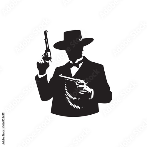 Saloon Gunman Vector Silhouette, Wild West, Cowboy Duel, Western Outlaw, Gunfighter Pose, Western Showdown, Gunslinger Action, Lawless Era.
