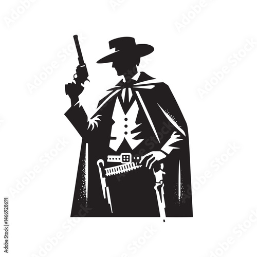 Saloon Gunman Vector Silhouette, Wild West, Cowboy Duel, Western Outlaw, Gunfighter Pose, Western Showdown, Gunslinger Action, Lawless Era.
