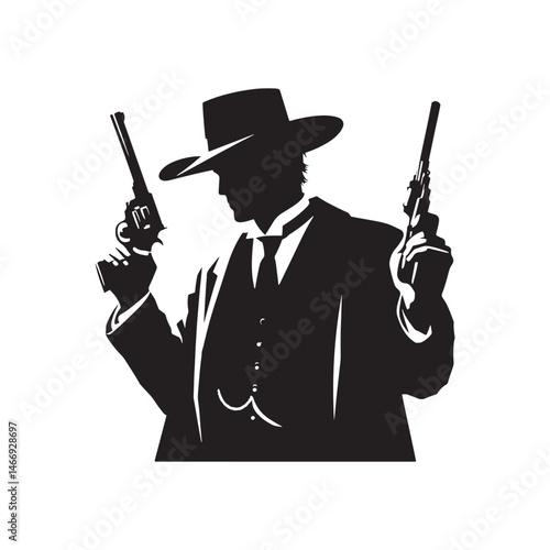 Saloon Gunman Vector Silhouette, Wild West, Cowboy Duel, Western Outlaw, Gunfighter Pose, Western Showdown, Gunslinger Action, Lawless Era.
