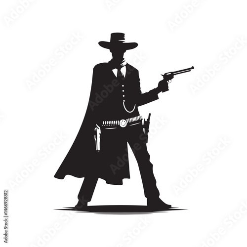 Saloon Gunman Vector Silhouette, Wild West, Cowboy Duel, Western Outlaw, Gunfighter Pose, Western Showdown, Gunslinger Action, Lawless Era.
