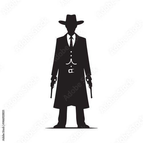 Saloon Gunman Vector Silhouette, Wild West, Cowboy Duel, Western Outlaw, Gunfighter Pose, Western Showdown, Gunslinger Action, Lawless Era.
