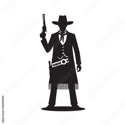 Saloon Gunman Vector Silhouette, Wild West, Cowboy Duel, Western Outlaw, Gunfighter Pose, Western Showdown, Gunslinger Action, Lawless Era.

