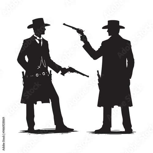 Saloon Gunman Vector Silhouette, Wild West, Cowboy Duel, Western Outlaw, Gunfighter Pose, Western Showdown, Gunslinger Action, Lawless Era.
