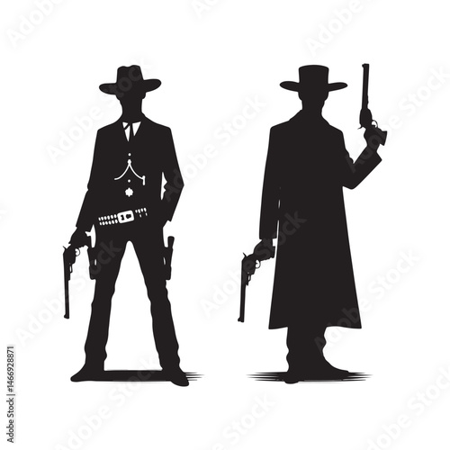 Saloon Gunman Vector Silhouette, Wild West, Cowboy Duel, Western Outlaw, Gunfighter Pose, Western Showdown, Gunslinger Action, Lawless Era.
