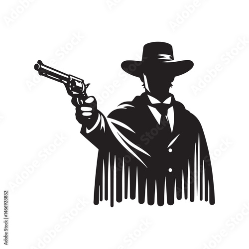 Saloon Gunman Vector Silhouette, Wild West, Cowboy Duel, Western Outlaw, Gunfighter Pose, Western Showdown, Gunslinger Action, Lawless Era.

