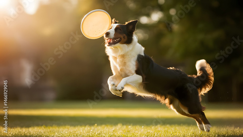 Australian Shepherd Dog Playing Frisbee at Sunset A Stunning Action Shot
