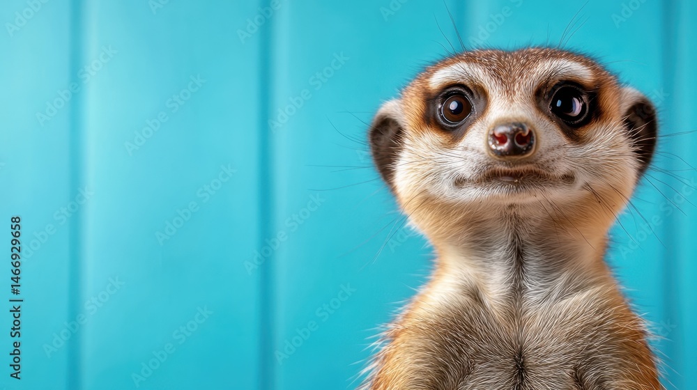 Fototapeta premium This captivating close-up features a meerkat with a curious expression, framed against a vibrant blue background, symbolizing curiosity and playfulness in nature.