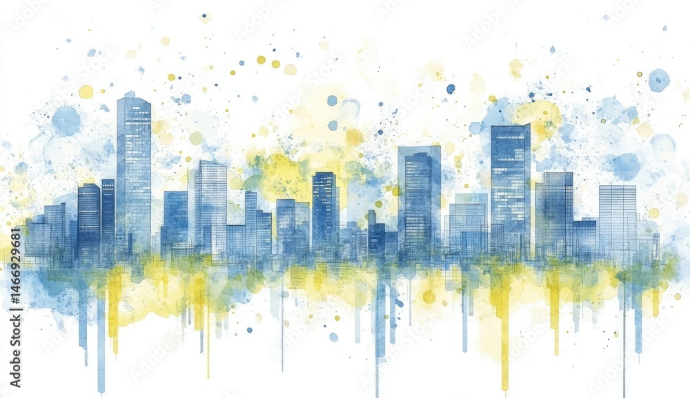 Abstract cityscape depiction. Modern city skyline, rendered in shades of blue and yellow, with watercolor-style splashes Abstract cityscape depiction. Modern city skyline, rendered in shades of blue and yellow, with watercolor-style splashes