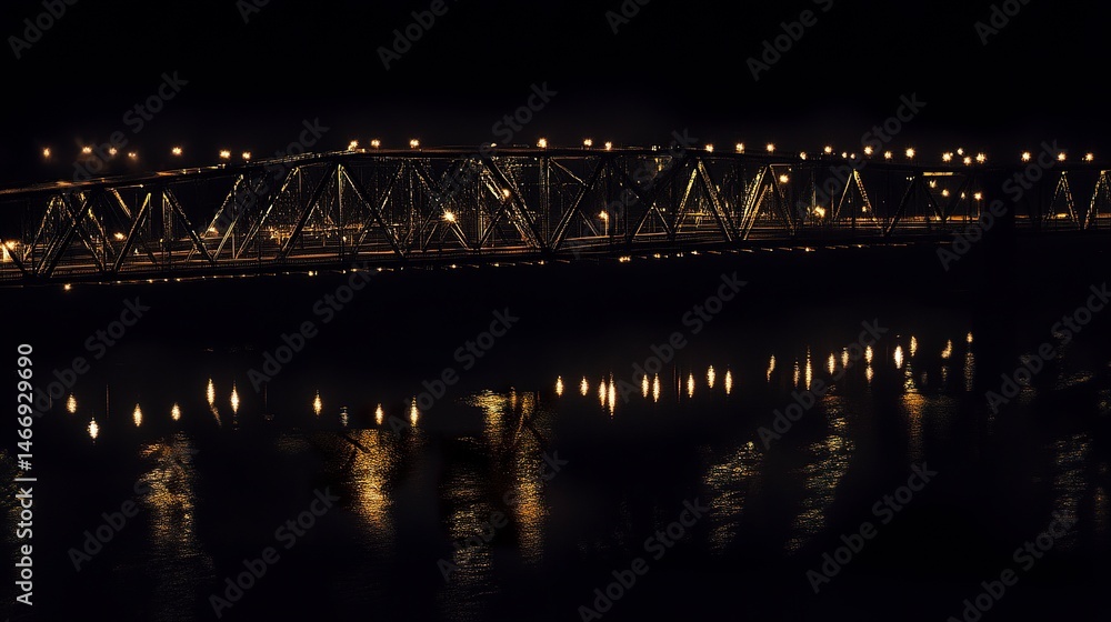 Fototapeta premium The Baton Rouge Bridge glowing against a dark Louisiana night, its reflections shimmering on the Mississippi River, with selective focus on its steelwork.