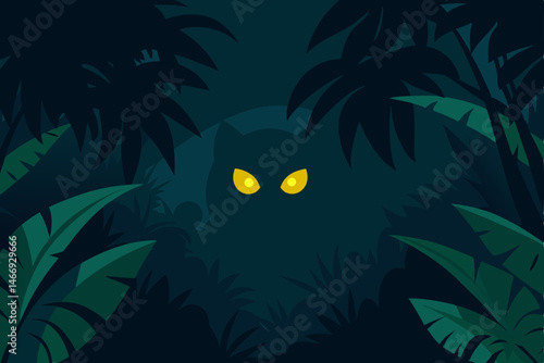 moonlit jungle with glowing eyes peeking through 