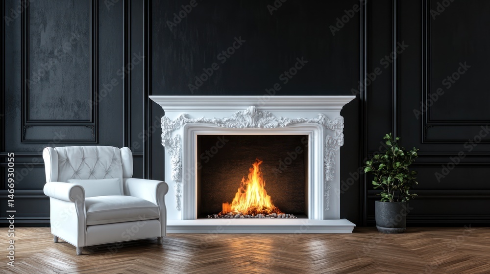 Cozy white armchair by fireplace in dark room Cozy white armchair by fireplace in dark room