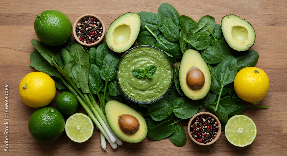 Preparing Green Smoothie with Fresh Avocado Spinach and Citrus Fruits