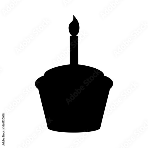 Black silhouette of cupcake with a burning candle for birthday celebration
