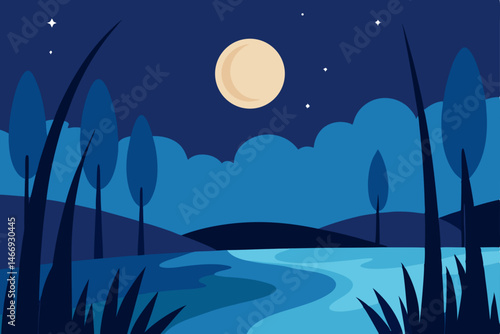 moonrise over a quiet river surrounded by reeds 