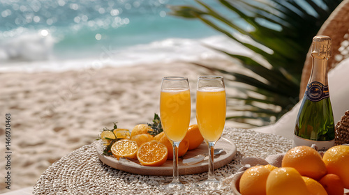 Beachside Toast: Two glasses of a vibrant mimosa are perfectly arranged, complemented by fresh oranges, sparkling champagne, and a pristine beach backdrop.