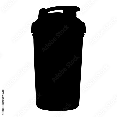 Black silhouette of a protein shaker bottle against white background