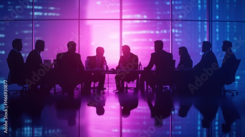 Wallpaper Mural Silhouetted executives convene in luminous city boardroom for futuristic negotiations Torontodigital.ca