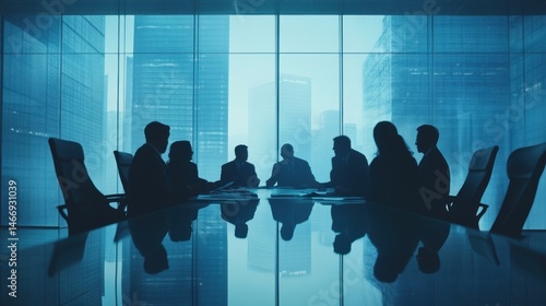 Business Executives in Silhouette Meeting High Rise Office Blue Tone Atmosphere